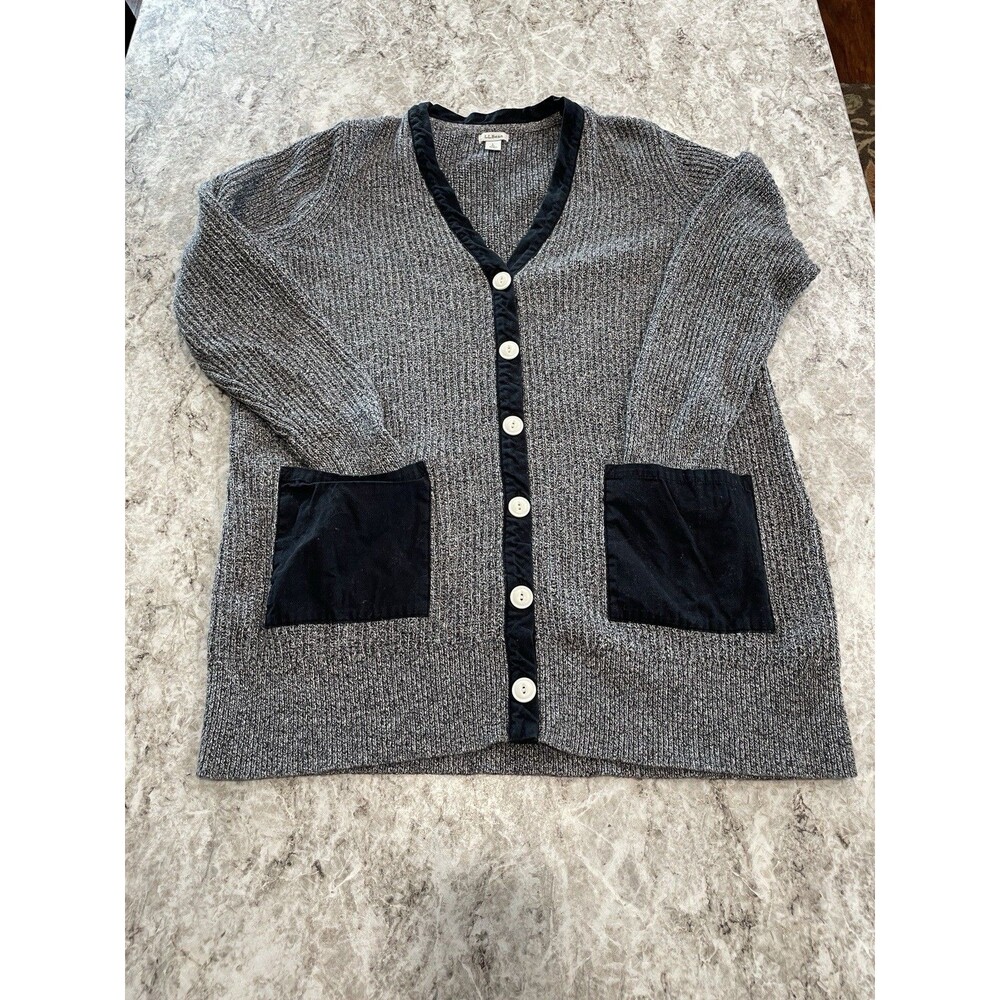 L.L Bean Women's Coastal Cotton Sweater,  Cardigan Size L Gray With Black